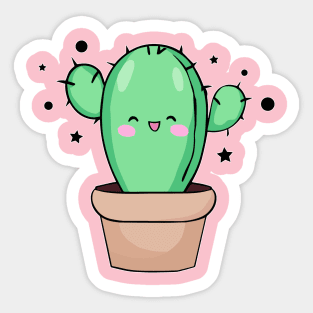 Happy smiling baby cactus in vase with stars. Kawaii cartoon Sticker